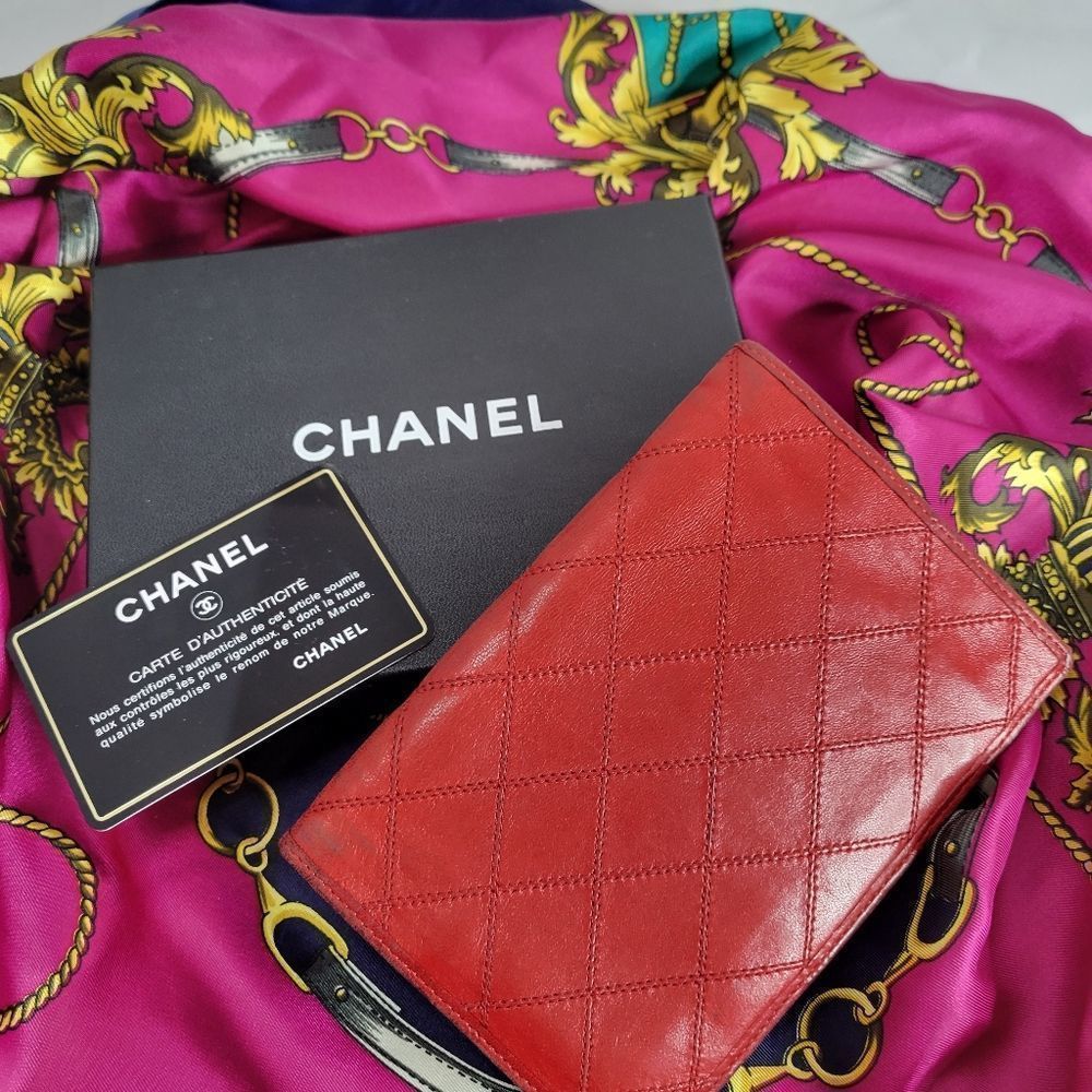 Authentic Chanel Red Quilted / Double Stitch Lambskin wallet